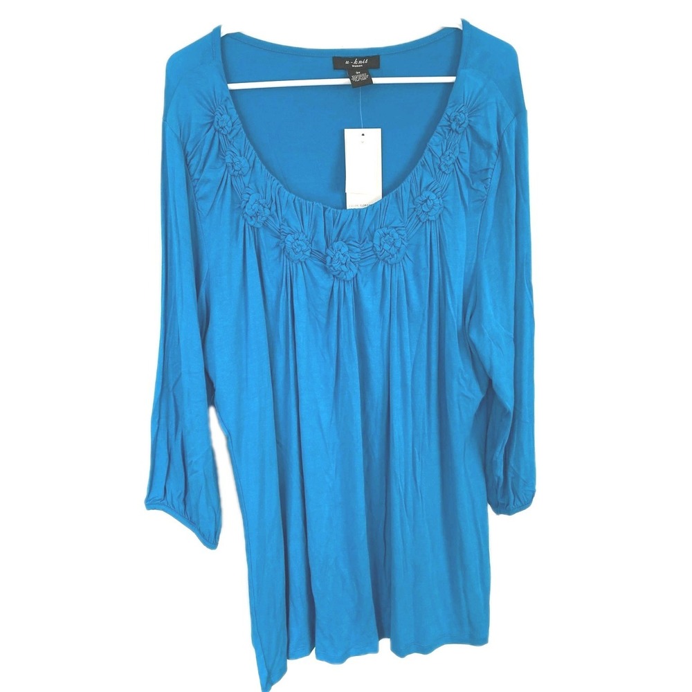 Design History U-Knit Top Women 3X Blue Scoop Neck Rosette 3/4 Sleeve Tunic NWT
